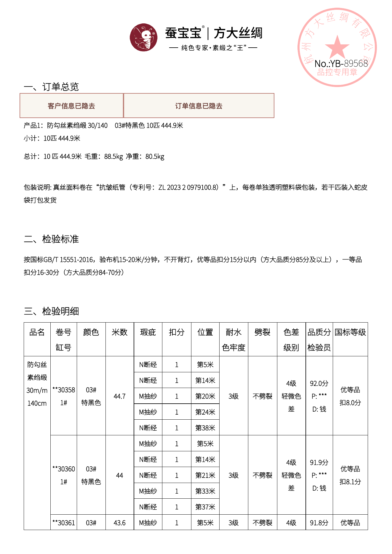 染色成品，逐卷验布留证脱敏报告首页